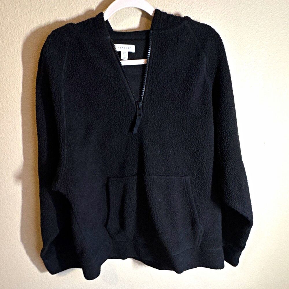 Topshop Women Quarter Zip Fleece Hoodie w/ Hood Pockets Size M Black